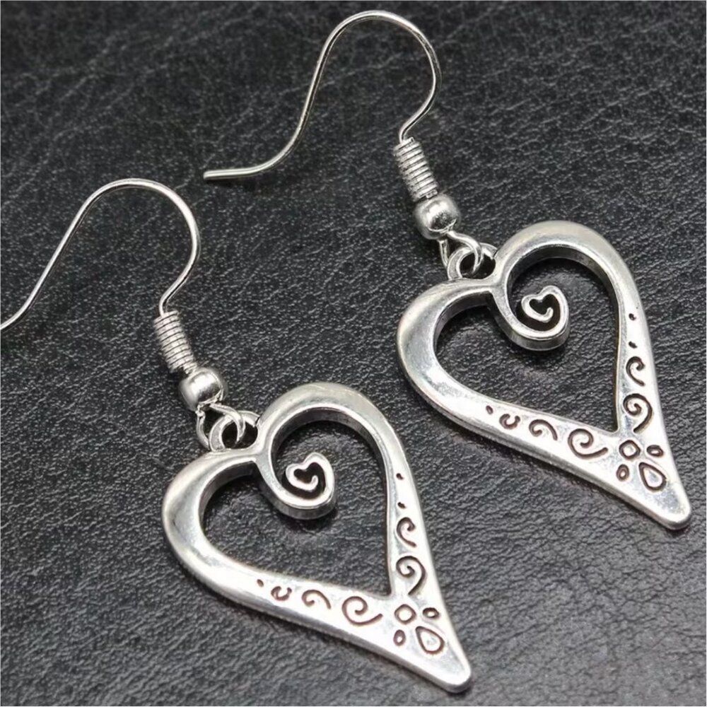 Minimalist Dangle Earrings Heart Scroll Pattern Antiqued Silver Finish Openwork